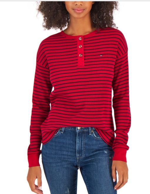 Tommy Hilfiger Women S Long Sleeve Striped Boxy Henley Top Red Size X-Large