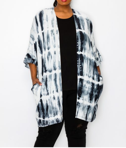 Coin 1804 Plus Size Hand Tie Dye Pocket Kimono Top - Grey Blacks size 3X