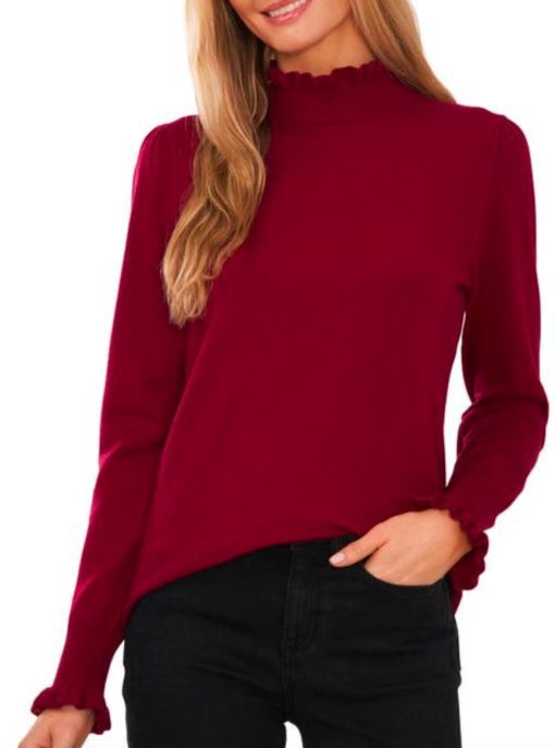 CeCe Women's Mock Neck Long Sleeve Sweater - Deep Merlot size S