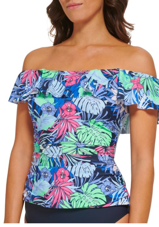 Tommy Hilfiger Women's Printed Ruffled Off-the-Shoulder Tankini Top Women's Swimsuit size S