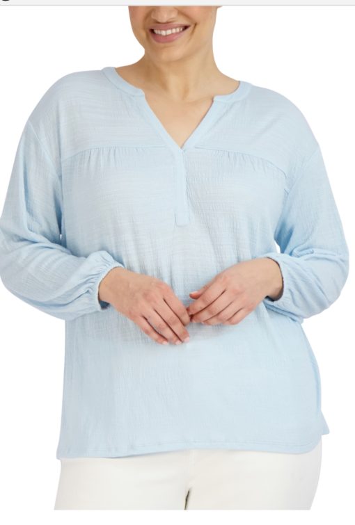 Jones New York Plus Size Split-Neck High-Low Top - Powder Blue 2X