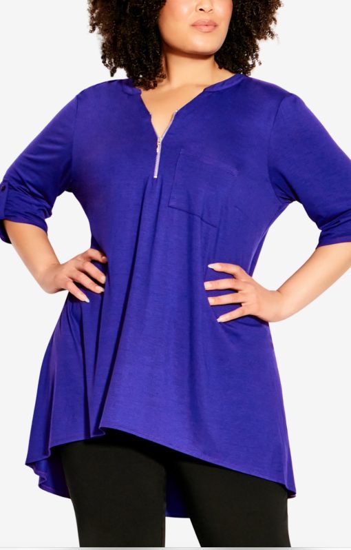 Avenue Plus Size Chester Zip Plain Tunic Top - Royal 26/28