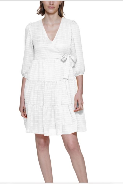 CALVIN KLEIN Womens White Sheer Metallic Tie Faux-wrap Styling Tiered 3/4 Sleeve V Neck Above the Knee a-Line Dress 12