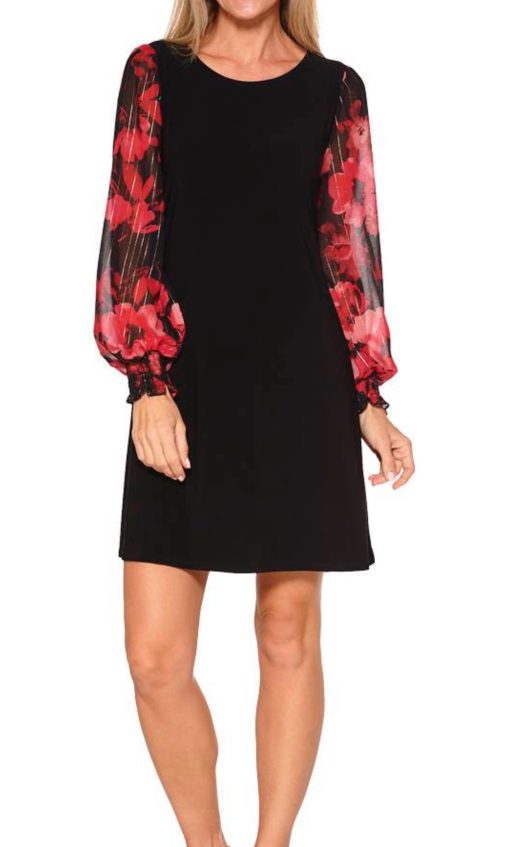 Msk Women's Round-Neck Printed-Sleeve Shift Dress - Black/wine/pink M