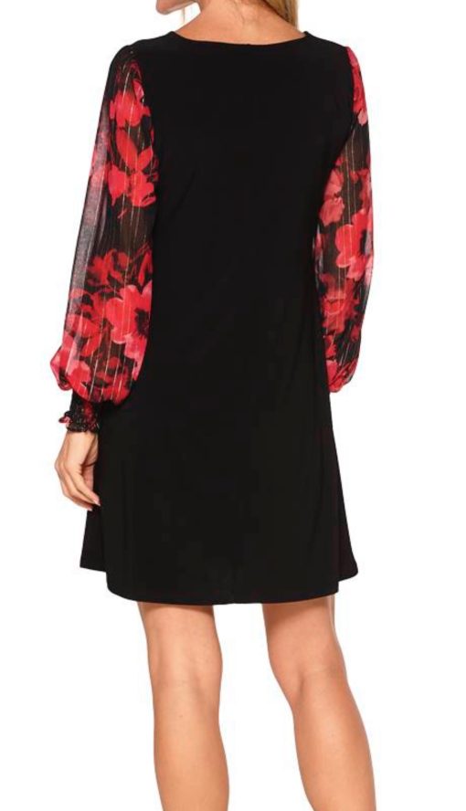 Msk Women's Round-Neck Printed-Sleeve Shift Dress - Black/wine/pink M - Image 2