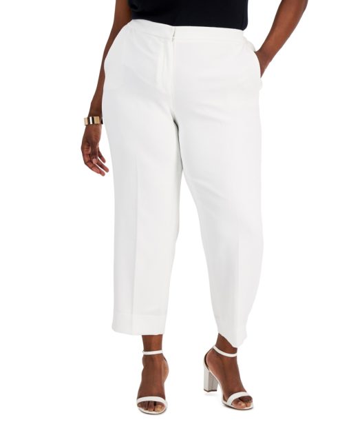 KASPER Womens White Zippered Pocketed Textured Elastic Sides Split Hem Cropped Pants Plus 22W