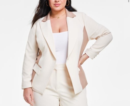 Nina Parker Trendy Plus Size Colorblocked One-Button Blazer - Oat Latte/Portabella- 3X