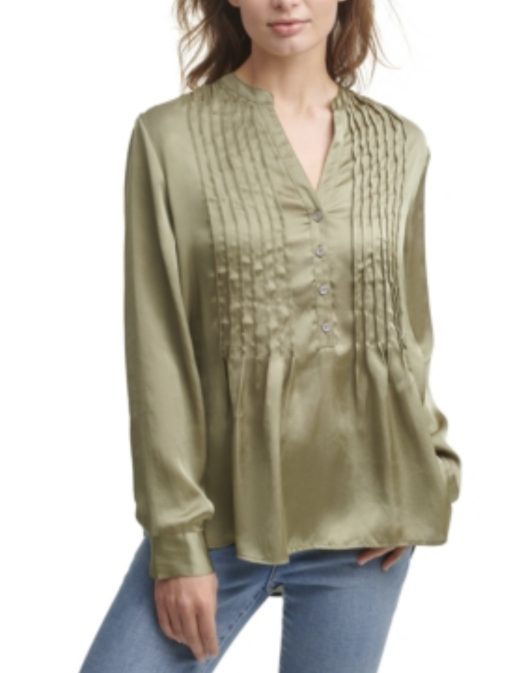 DKNY Cargo Green Pleated Button-Front Satin Top - Women Size L