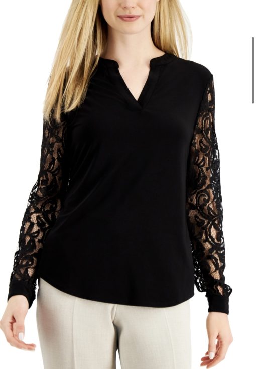 Kasper Women's Split-Neck Lace-Sleeve Blouse - Black Size L