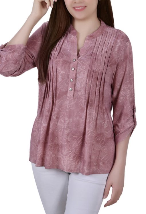 Ny Collection Petite Pintuck Roll Tab Sleeve Top - Mauve Tie Dye Size PL