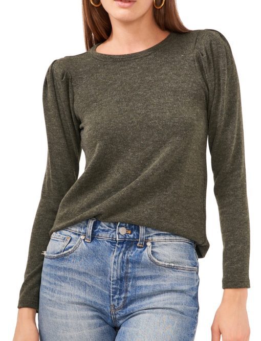 1.STATE Puff Crewneck Top in Green Heather at Nordstrom, Size Small