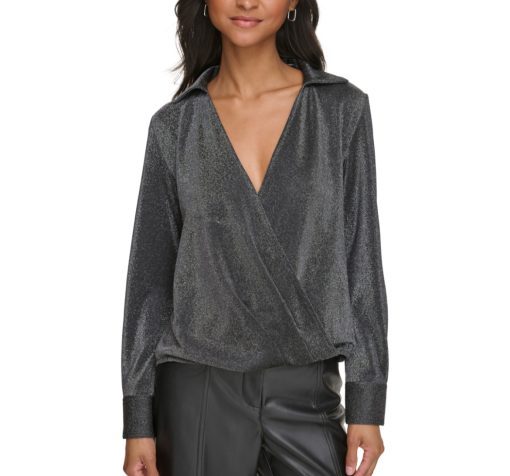 Calvin klein Womens Crop Metallic Wrap Top S