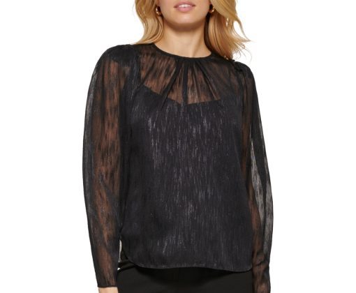 DKNY Women's Patterned Semi Sheer Blouse - Black - Size S