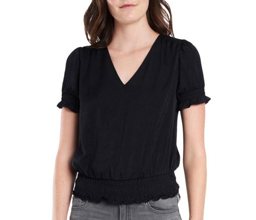 1.STATE Smocked Hem Top WOMEN CLOTHING BLACK S