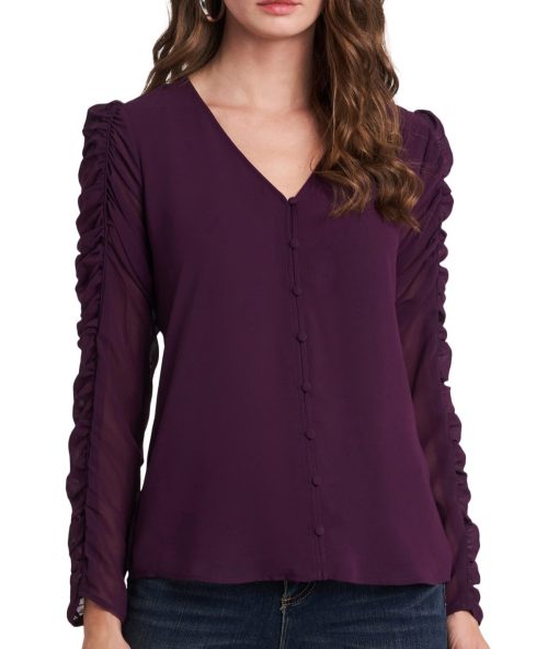 Women's 1.state Ruched Sleeve Button Front Blouse, Size Small - Purple