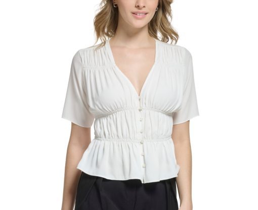 Calvin Klein Womens V-Neck Gathered Blouse white XS