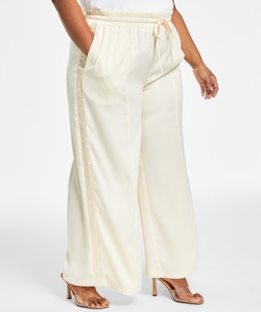 Nina Parker Plus Womens Sequined High Rise Wide Leg Pants white 3X