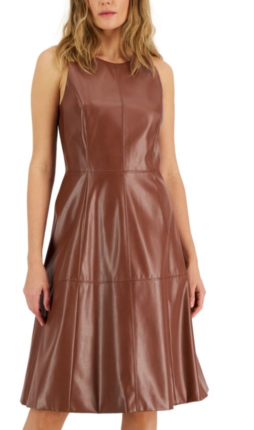 INC Womens Faux Leather Sleeveless Fit & Flare Dress 4