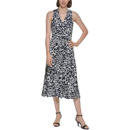 Tommy Hilfiger Women's Floral Print Twist Front MIDI Dress - Black White - Size 4