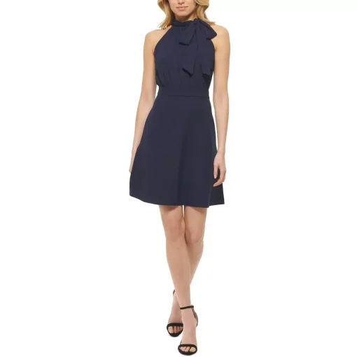 VINCE CAMUTO Womens Navy Zippered Pocketed Keyhole Back Lined Sleeveless Tie Neck Above the Knee Wear to Work Fit + Flare Dress 10 - Image 2