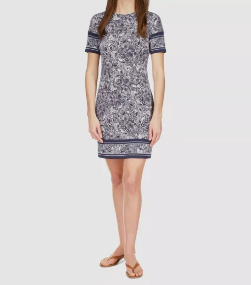 MICHAEL MICHAEL KORS Womens Navy Zippered Unlined Paisley Short Sleeve Crew Neck Short Sheath Dress S - Image 2