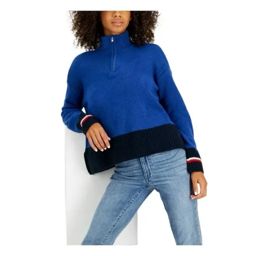 Tommy Hilfiger Womens Half-Zip Colorblock Mock Turtleneck Sweater blue XL