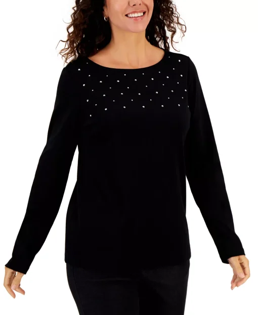 Karen Scott Plus Size Cotton Embellished Top, Deep Black 2X