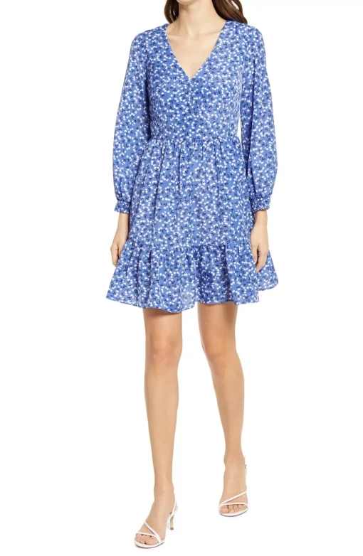 Eliza J Floral Surplice Neck Long Sleeve Fit & Flare Dress in Pepper at Nordstrom, Size 10