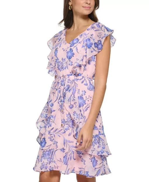 TOMMY HILFIGER Womens Pink Zippered Ruffled Tie-belt Tiered Hem Lined Floral Flutter Sleeve V Neck Above the Knee Wear to Work Fit + Flare Dress Petit 2P - Image 4