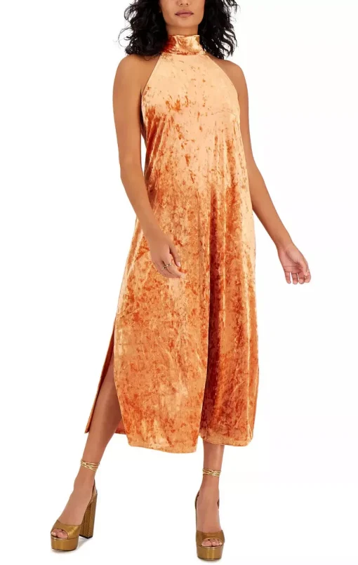 Bar III Orange Velvet Halter Midi Dress - XXL - Women's Dresses