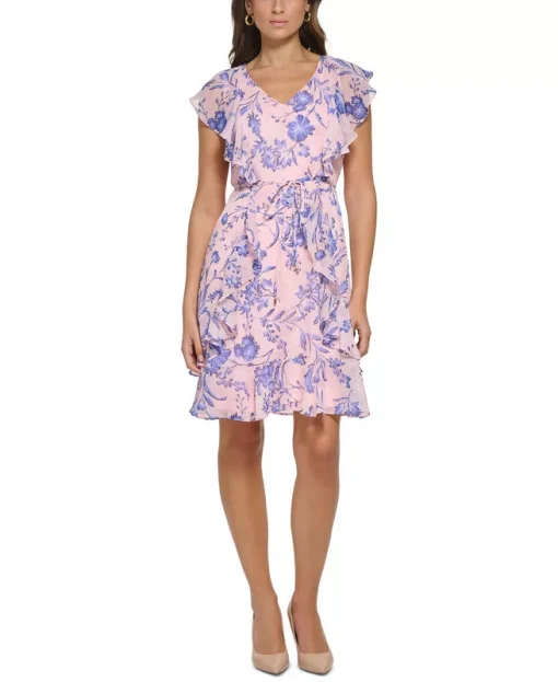 TOMMY HILFIGER Womens Pink Zippered Ruffled Tie-belt Tiered Hem Lined Floral Flutter Sleeve V Neck Above the Knee Wear to Work Fit + Flare Dress Petit 2P