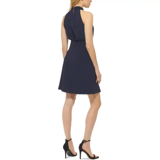 VINCE CAMUTO Womens Navy Zippered Pocketed Keyhole Back Lined Sleeveless Tie Neck Above the Knee Wear to Work Fit + Flare Dress 10