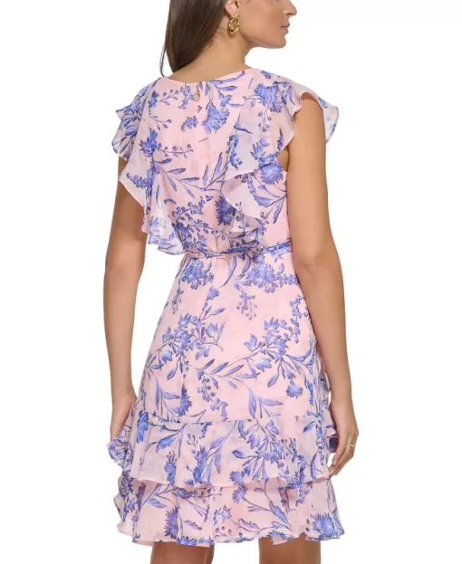 TOMMY HILFIGER Womens Pink Zippered Ruffled Tie-belt Tiered Hem Lined Floral Flutter Sleeve V Neck Above the Knee Wear to Work Fit + Flare Dress Petit 2P - Image 3