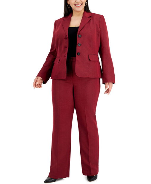 Le Suit Plus Size Three-Button Pantsuit - Fire Red/black