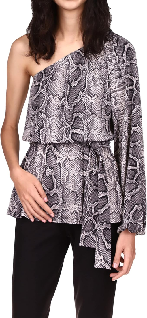 Michael Kors Womens Gray Sheer Pullover Unlined Tie Belt Animal Print Balloon Sleeve Asymmetrical Neckline Cocktail Top Xxl - All