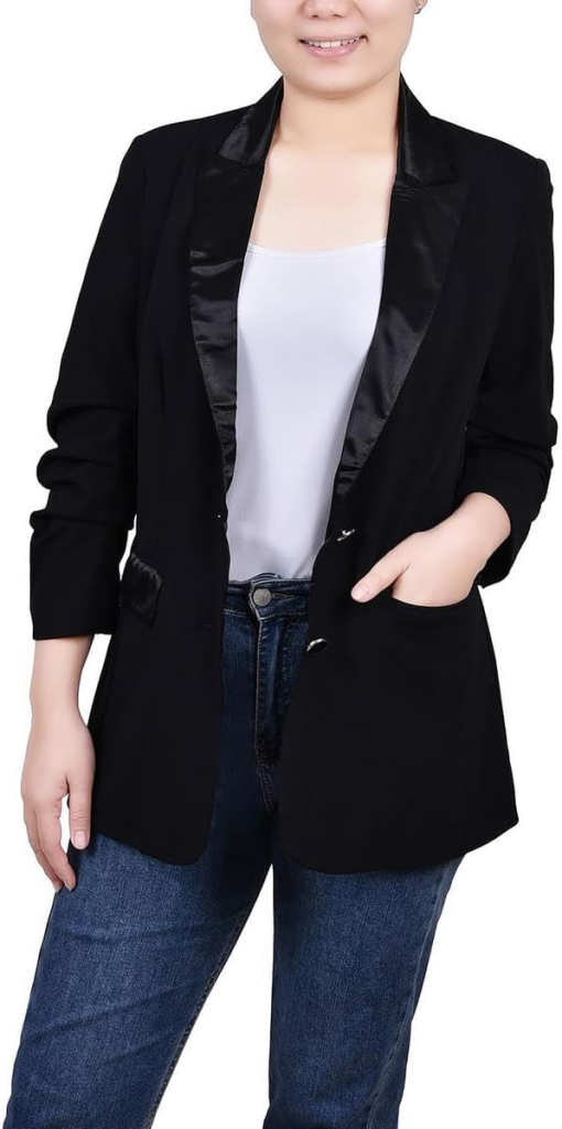 Ny Collection Petite Satin Lapel Scuba Crepe Jacket - Black size PL.