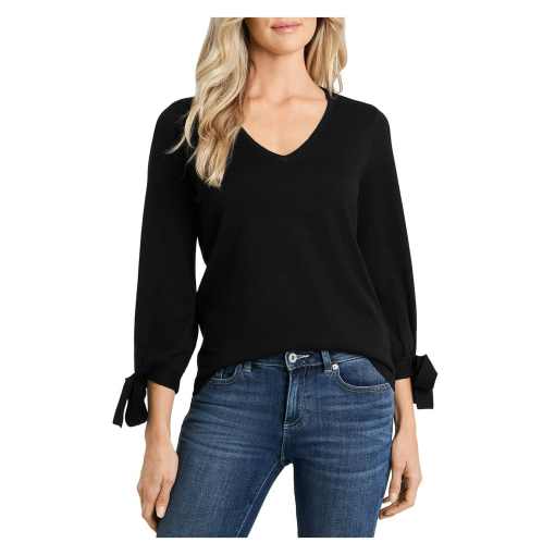 Cece Womens Knit Tie Sleeve V-Neck Sweater black S