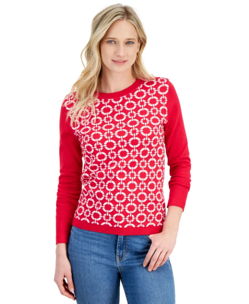 Nautica Jeans Women's Cotton Circle Link Crewneck Sweater - Bright Red S