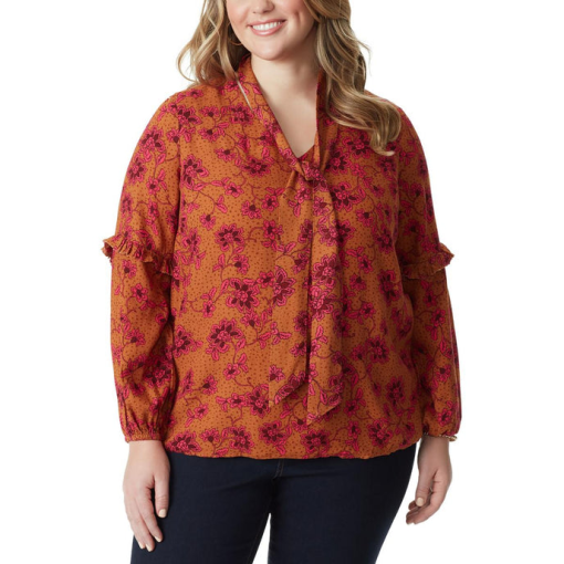 Jessica Simpson Trendy Plus Size Printed Tie-Neck Top - Glazed Ginger - Botanical Pebbles size 2x