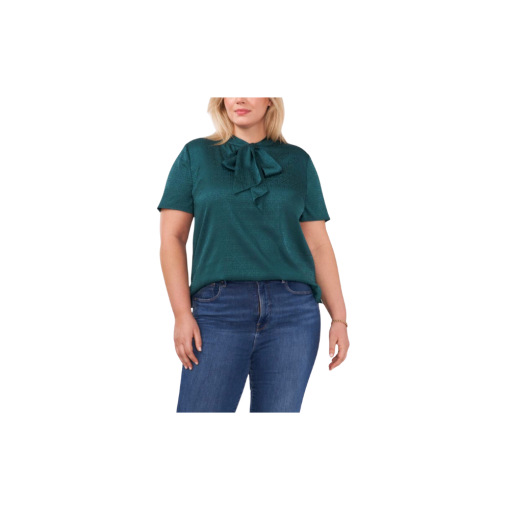 Vince Camuto Tie Neck Geometric Jacquard Blouse in Rich Spruce at Nordstrom, Size 2X