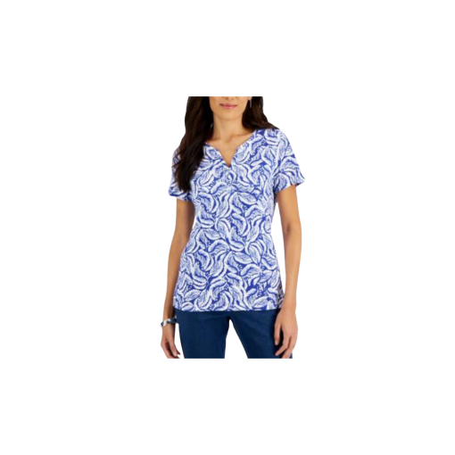 Karen Scott Women's Short-Sleeve Printed Henley Top, Blue SMALL