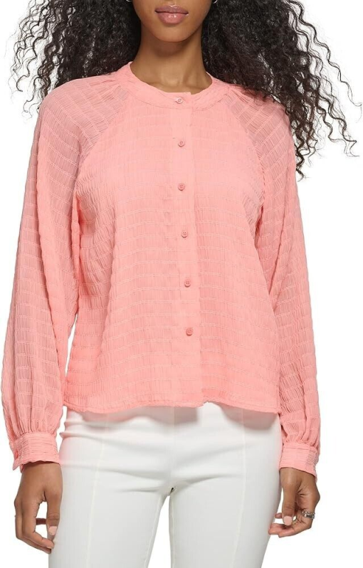 Calvin Klein Long Sleeve Textured Chiffon Blouse - Peach pink XS