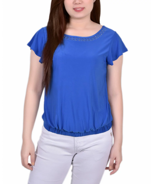 Ny Collection Petite Size Short Flutter Sleeve Top with Studded Neckline - Victoria Blue PS