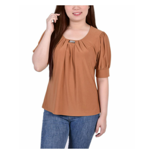 Ny Collection Petite Short Sleeve Balloon Sleeve Top - Meerkat Size PL