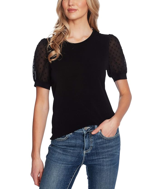 CeCe Womens Ruffled Knit Pullover Top black S