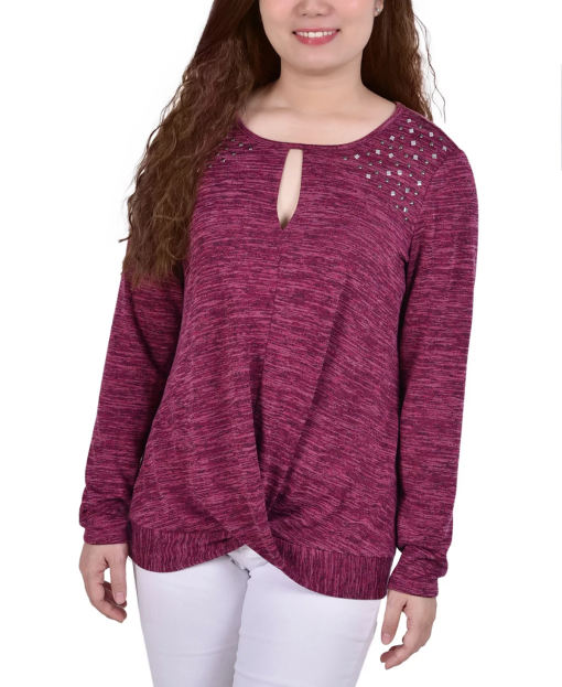 NY collection Petite Long Sleeve Knit Keyhole Top - Burgundy PS