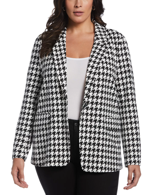 Ella Rafaella Plus Size Houndstooth Ponte Knit Single Breasted Blazer - Black 3X