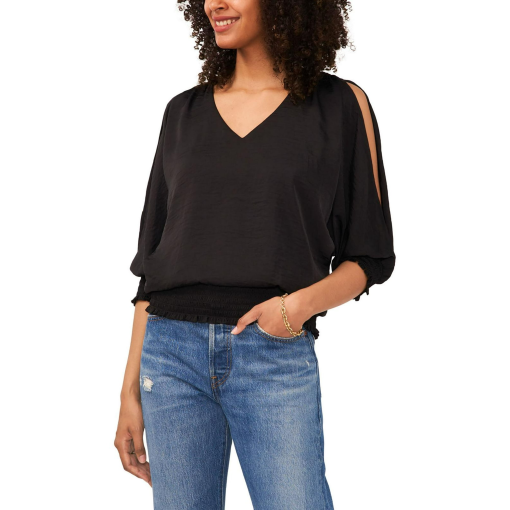 Sam & Jess Women's V-Neck Cold Shoulder Smocked-Waist Top - Black S