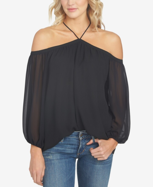 1.state Women's Off-the-Shoulder Halter Neck Blouse - Rich Black XXS