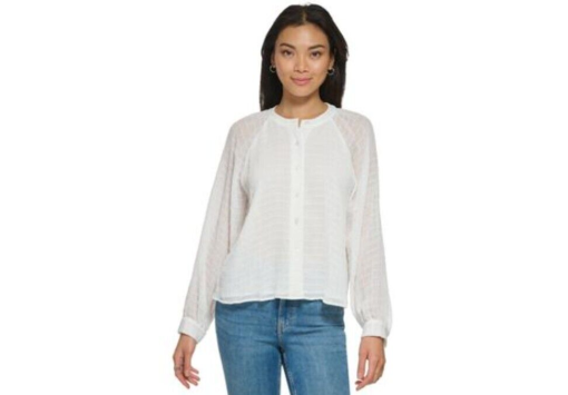 Calvin Klein Long Sleeve Textured Chiffon Blouse - Soft White XS